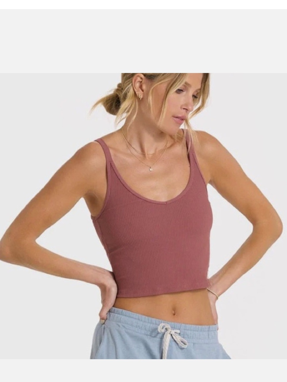 Vuori Ribbed Crop Tank - Rosewood